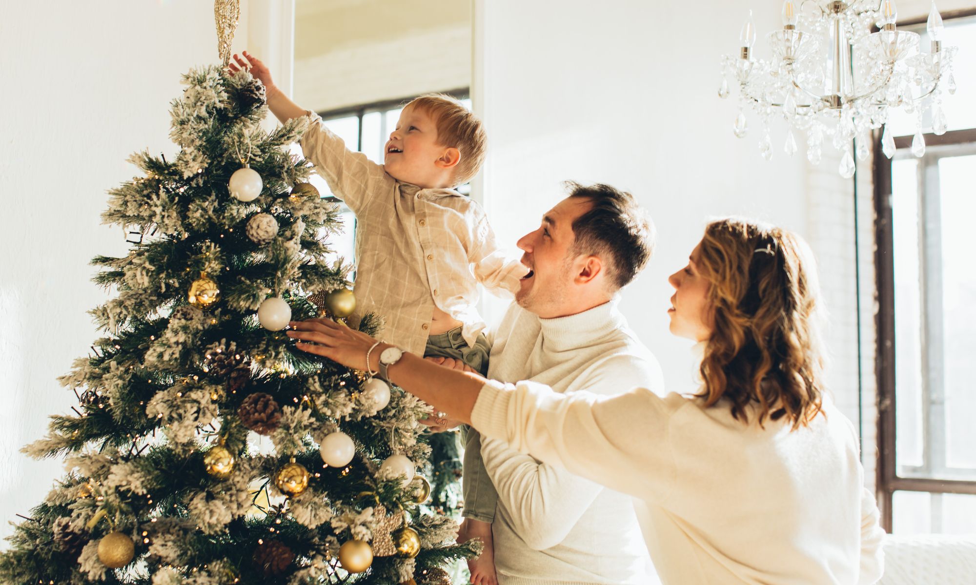 Image d'une famille avec un sapin de Noël